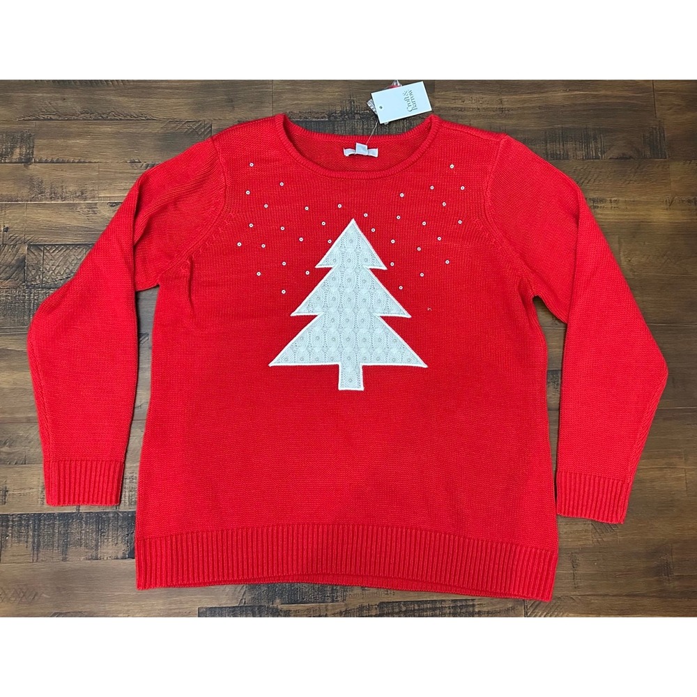 NWT Croft And Barrow Holiday Red Sweater With Cable knit White Tree Pearls XL